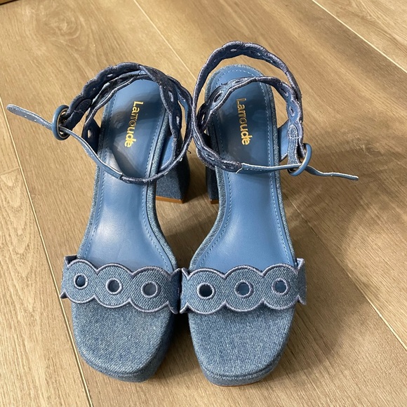 Larroudé Dolly Broderie Sandal In Blue Stoned Denim. - Picture 3 of 7